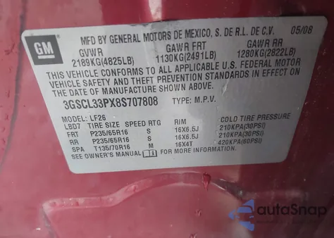2008 Saturn Vue 4-Cyl Xe z USA, uszkodzony, nr VIN 3GSCL33PX8S707808